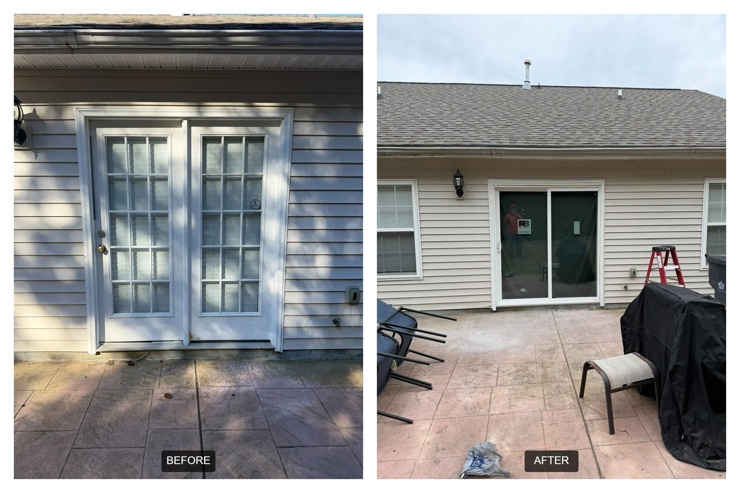 Comparison of old rotting french door that was replaced with new sleek sliding glass door