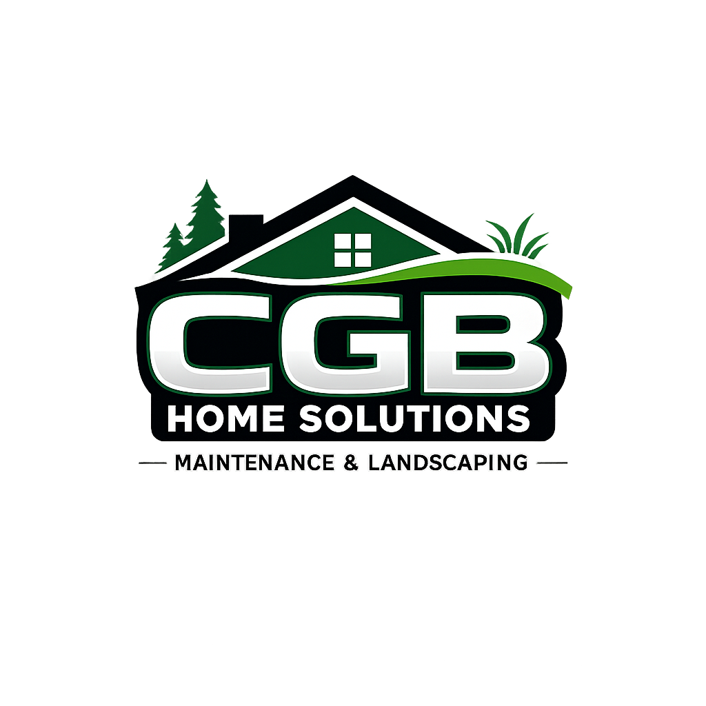 Logo for CGB Home Solutions, featuring a house with a roof and trees, with text indicating maintenance and landscaping services.