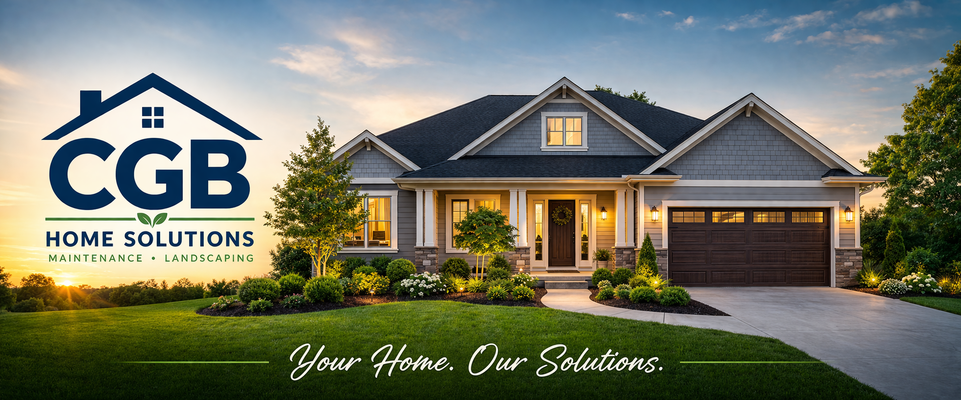 A large house with a well-maintained front yard, showing the logo of CGB Home Solutions which offers maintenance and landscaping services, along with the slogan "Your Home. Our Solutions."