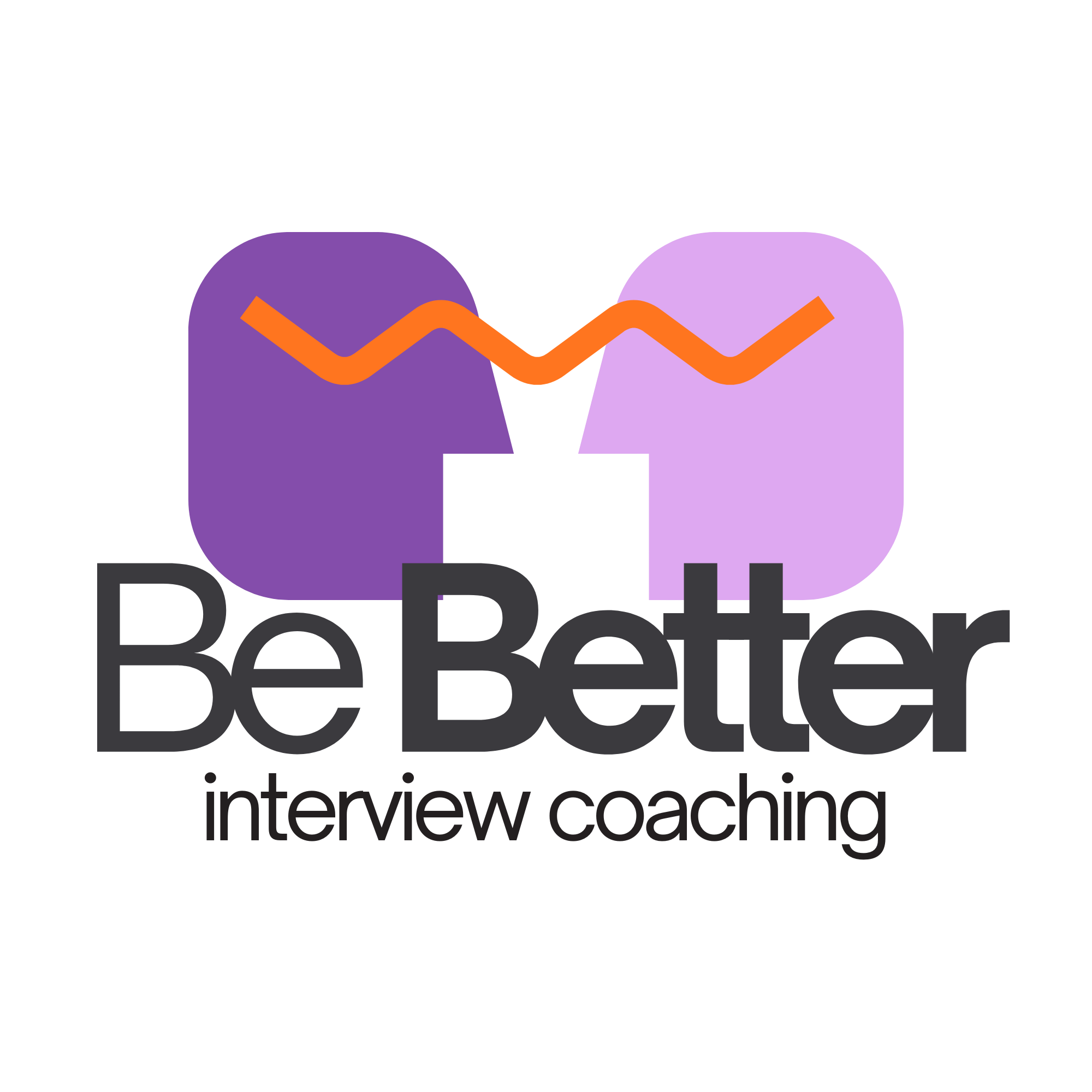 Two abstract purple heads with orange and purple zigzag lines between them, with text 'Be Better, interview coaching'.