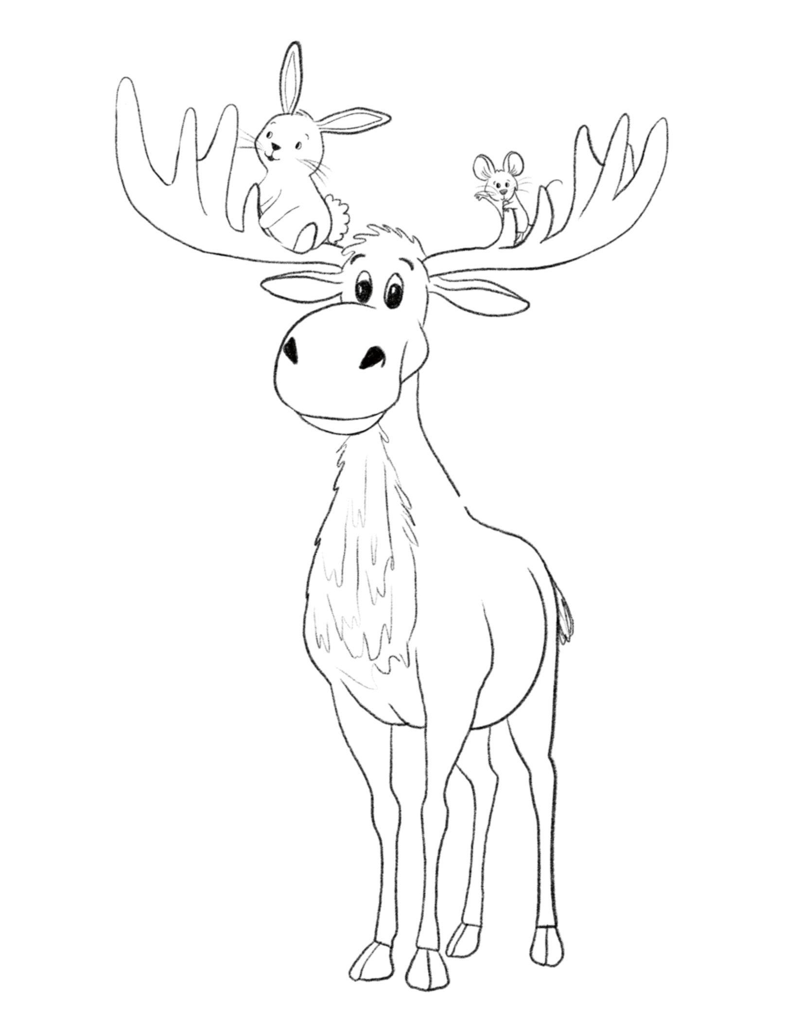 Black and white line drawing of a giraffe with big eyes, standing with three mice sitting on its antlers, all of which are smiling.