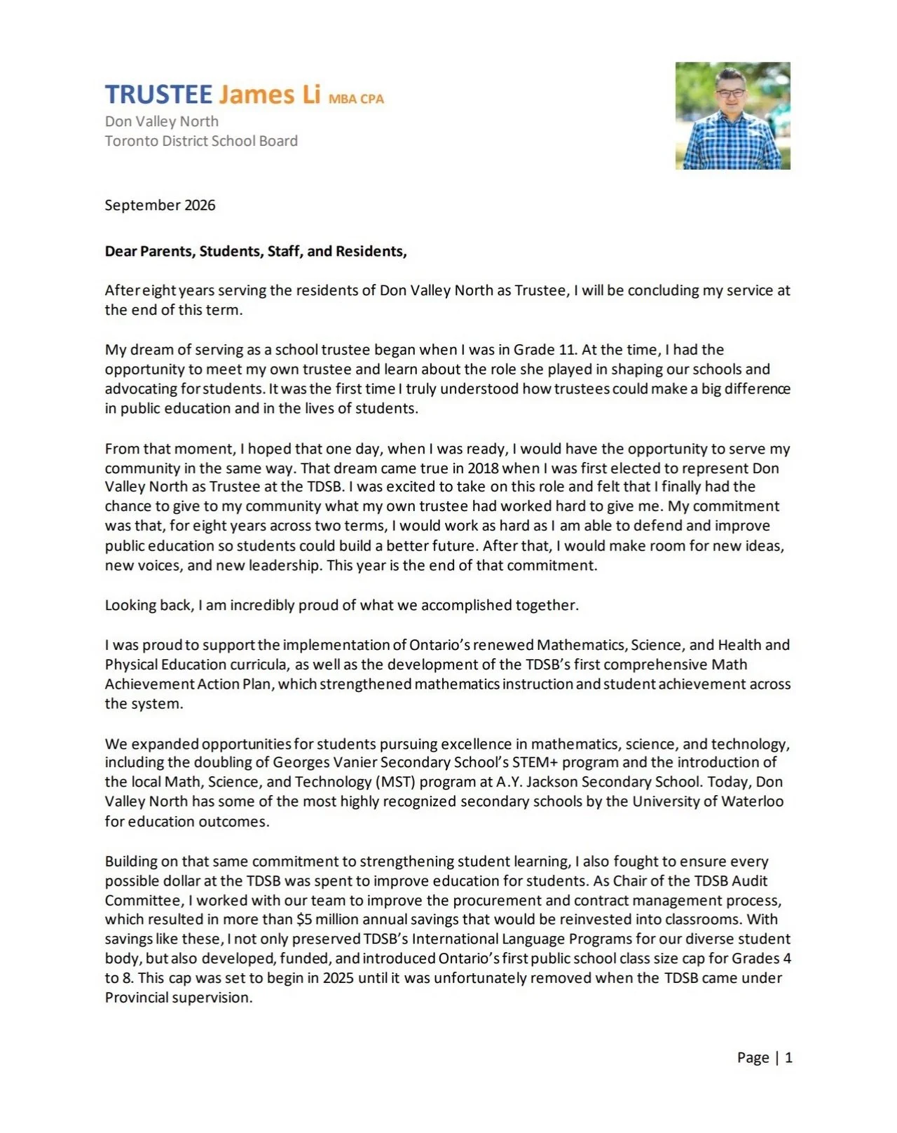 As Trustee James Li @jamesx_li concludes eight years of service representing #DonValleyNorth at the TDSB, I&rsquo;m pleased to share his final letter to our community.

James has always believed deeply in the power of public education to give every s