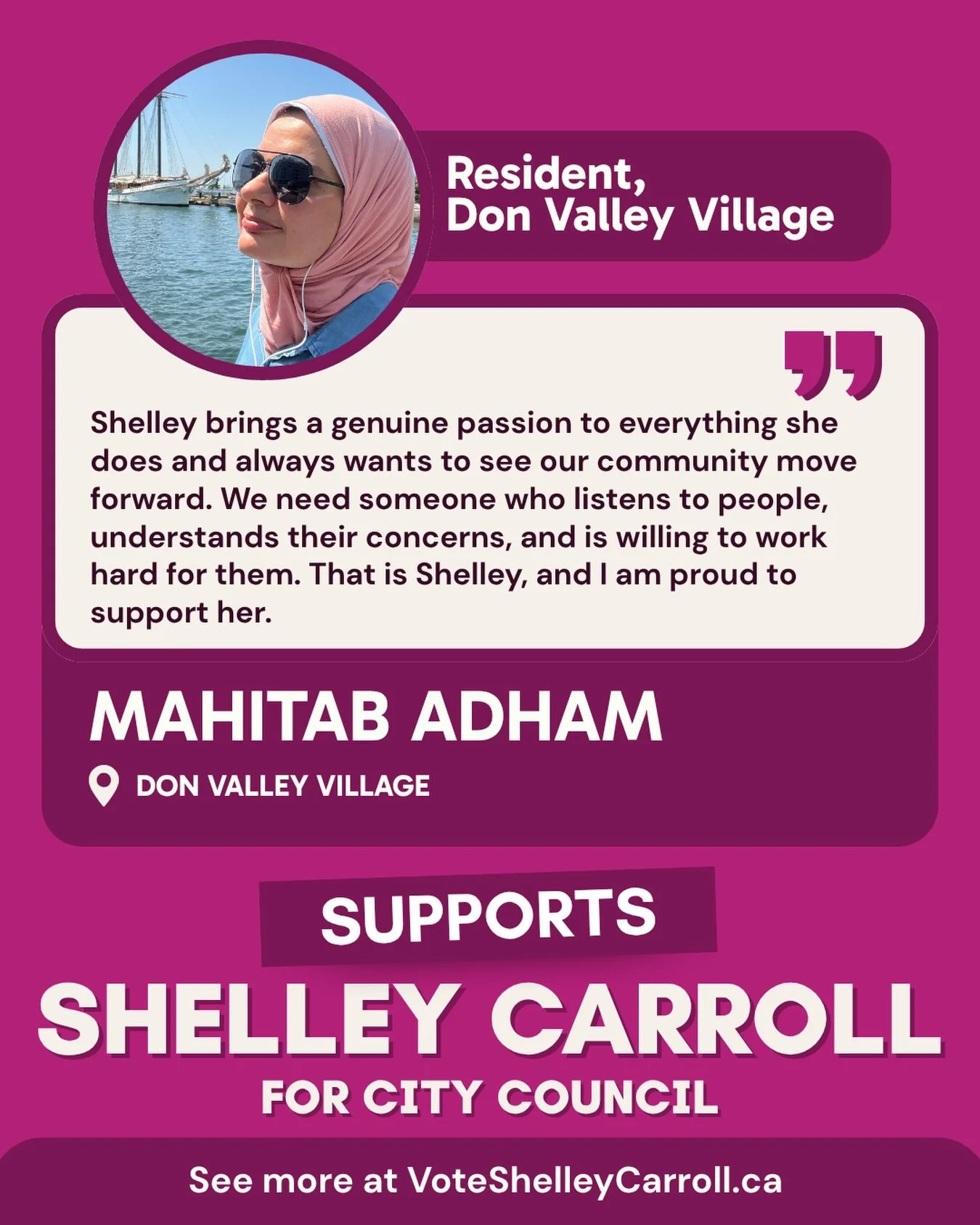 I&rsquo;m grateful to have the support of Mahitab Adham, a proud Don Valley Village resident. 

Mahitab has advocated as a member of the Kingslake PS Traffic, Parking and Safe Arrival community, working hard to make sure families can travel to school