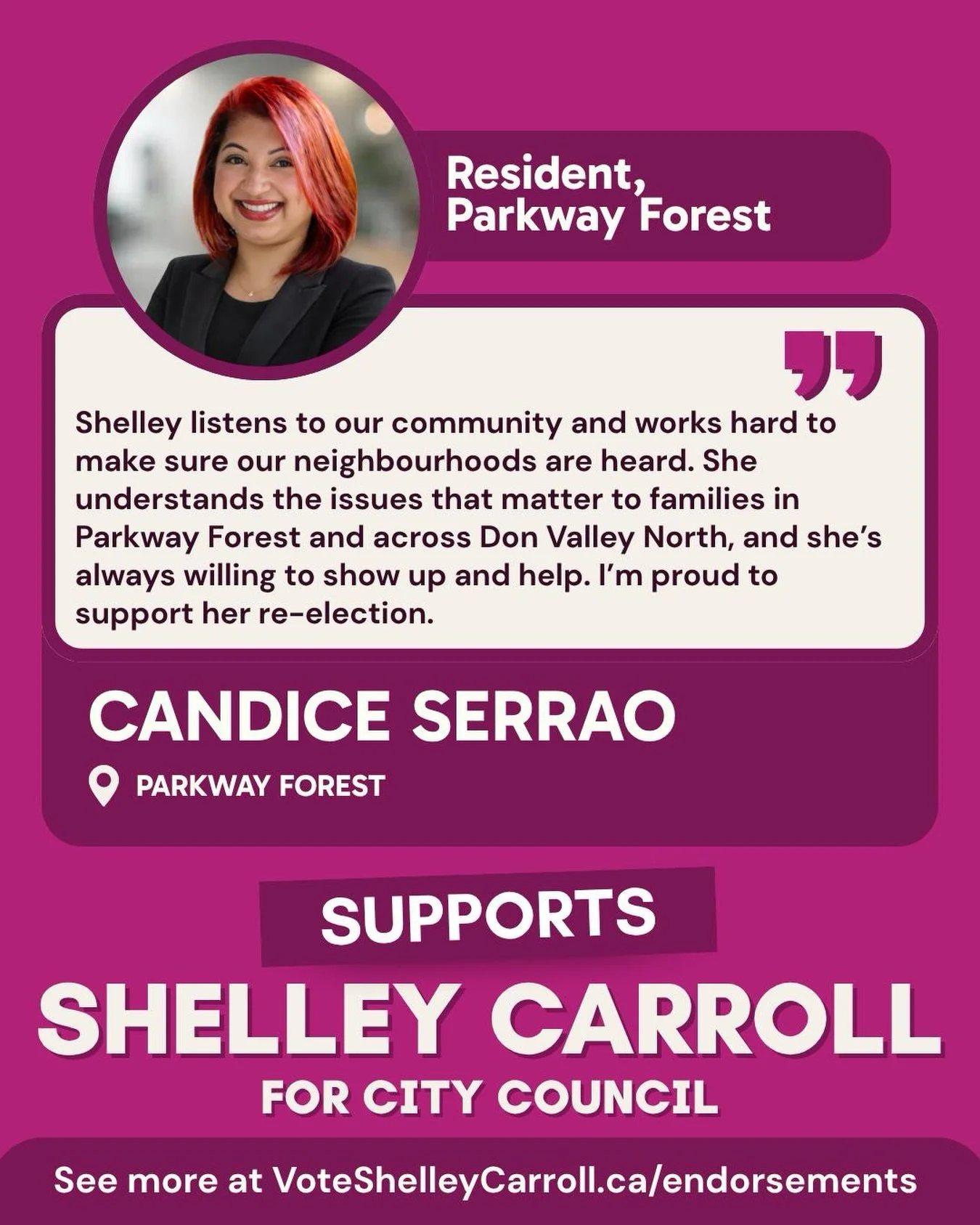 Candice Serrao @candiceserraorealtor has been an active leader in Parkway Forest for years, regularly connecting with me on traffic calming, parks, maintenance and other issues on behalf of her neighbours.

Our work together helps me lead on what Par
