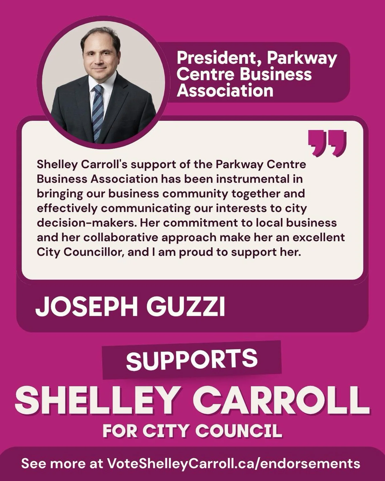 Building a strong, connected community takes collaboration every single day, and working alongside champions like Joe and the Parkway Centre Business Association has been such a privilege.

I&rsquo;m grateful for these kind words and the continued pa