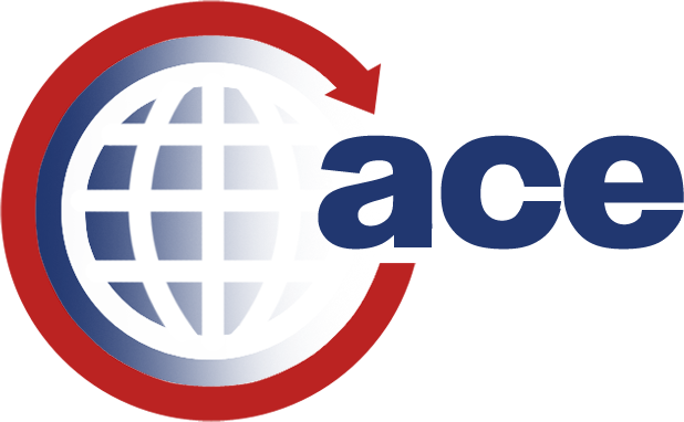 A close-up of a logo featuring a large blue circle and a horizontal blue bar, with a red background.