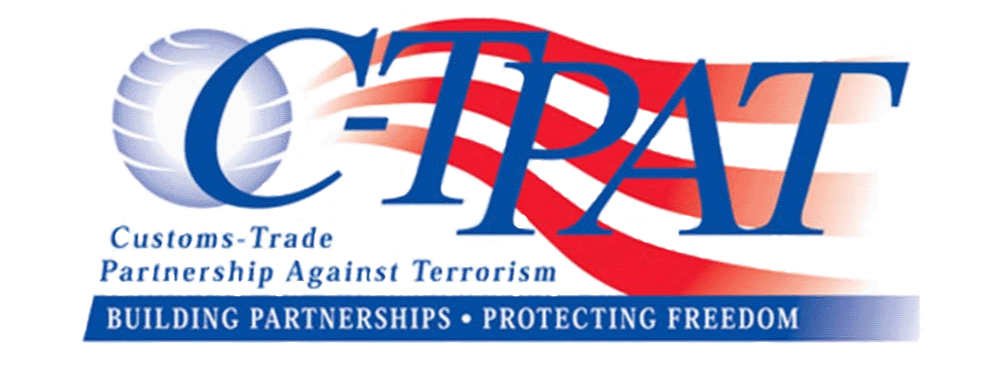 LOGO for C-TPAT, Customs Trade Partnership Against Terrorism, with a globe and red swoosh, and the text 'Building Partnerships, Protecting Freedom'.