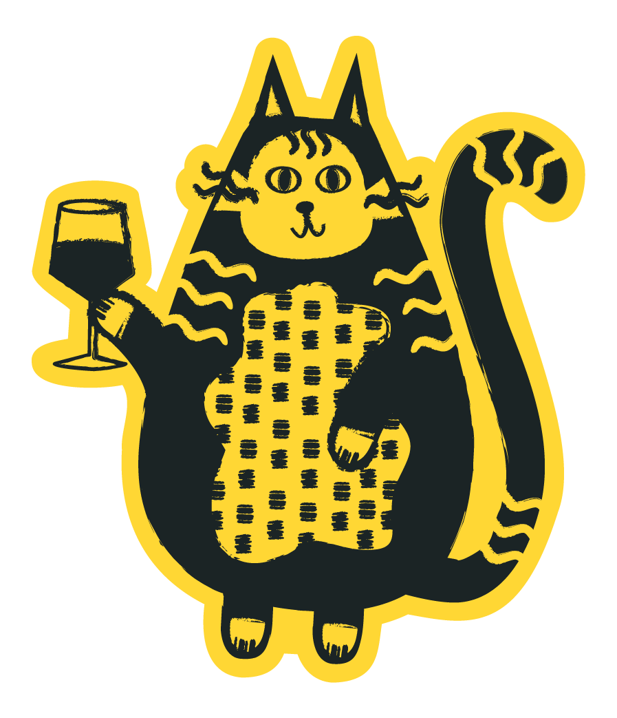 A cartoon cat with stripes, holding a glass of red wine in one paw and a teddy bear in the other, with a yellow outline and black background.