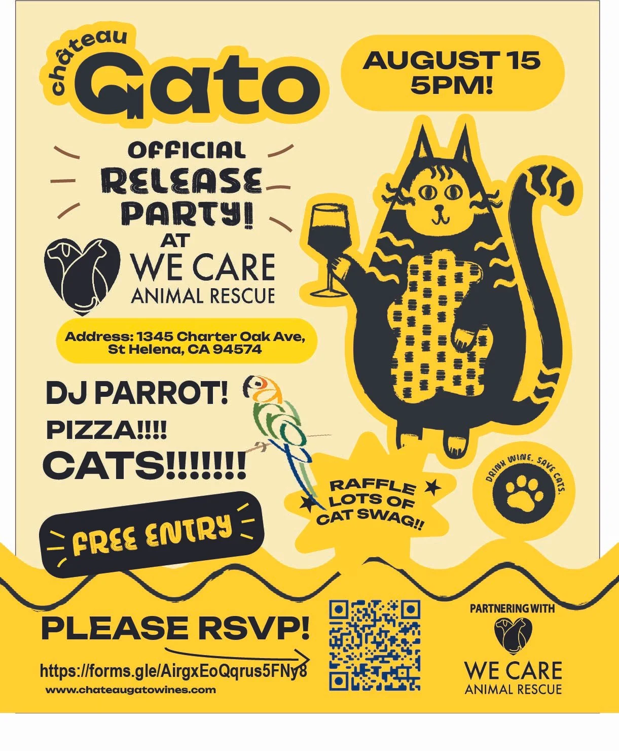 Flyer advertising a cat release event at We Care Animal Rescue on August 15 at 5 PM, featuring a cartoon cat holding a wine glass, promoting raffle prizes, free entry, and encouraging donations of wine and cat swag.