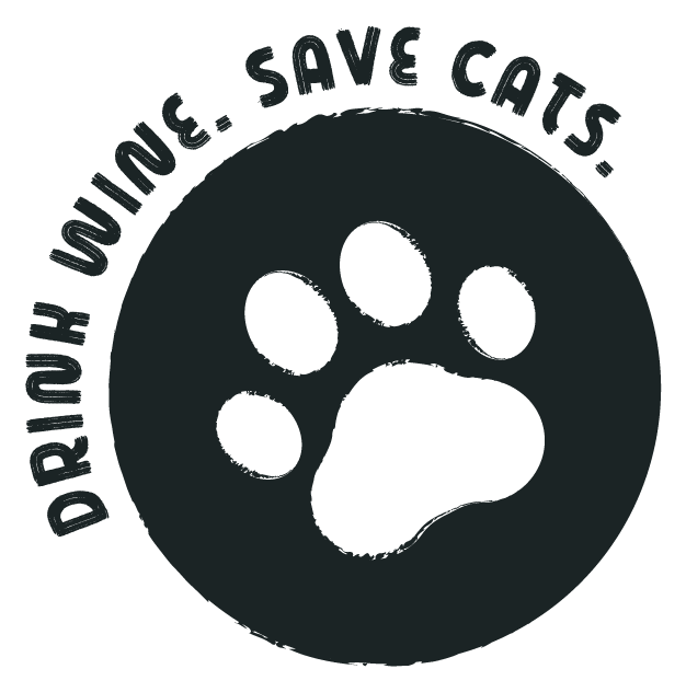 A circular logo with a paw print in the center and the text 'Drink Up. Save Cats.' curved around the top of the circle.