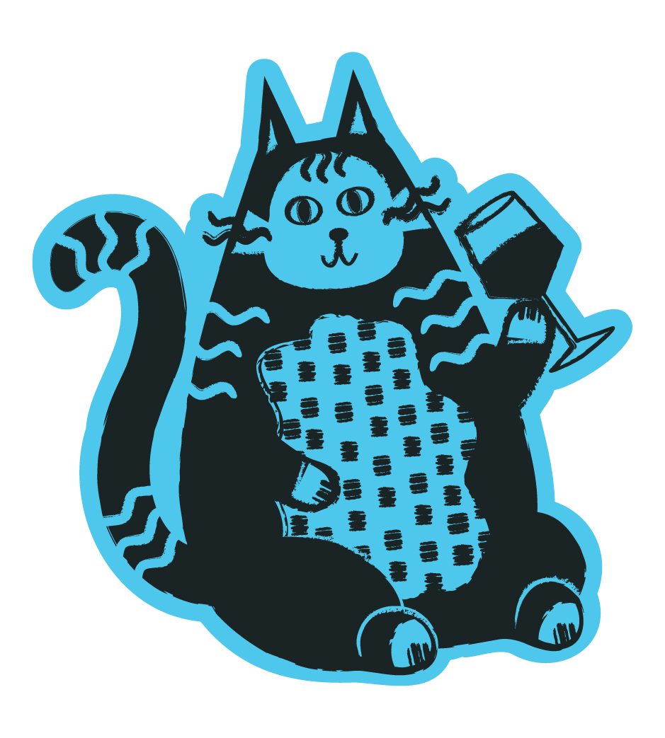 A cartoon illustration of a cat with a round face, large eyes, and a striped tail, sitting inside a large wine glass, holding a wine glass in each paw, with a checkered cloth on its lap.