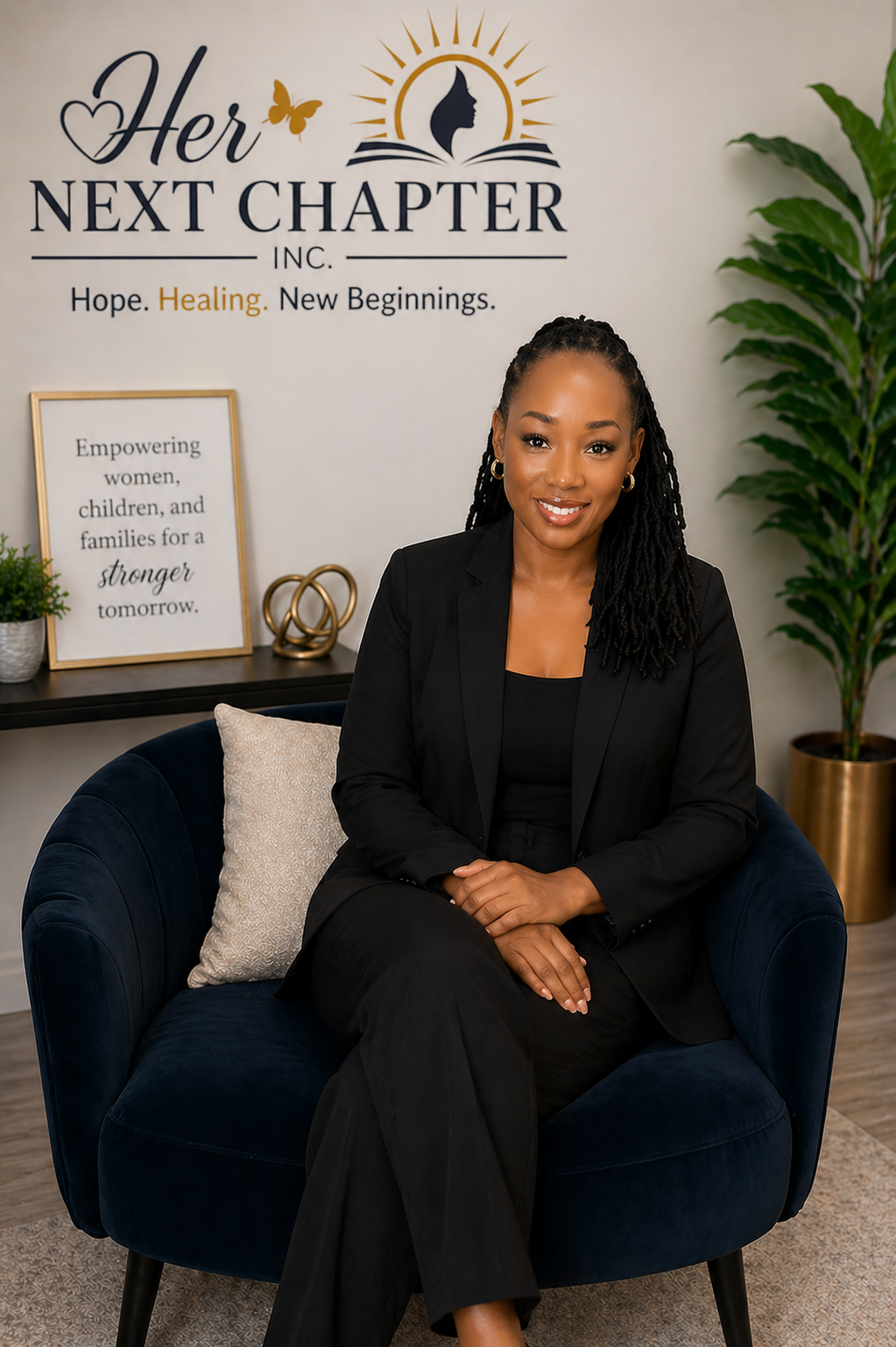 A woman with natural black hair styled in long twists, wearing a black blazer and seated on a navy blue velvet chair in an office setting. Behind her is a white wall with a sign that reads 'Her Next Chapter Inc.' and a framed quote about empowering women, children, and families for a stronger tomorrow. There are decorative items including a plant, a framed quote, and gold sculptures.