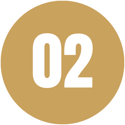 A circular icon with a gold background and the number '02' in large white text in the center.