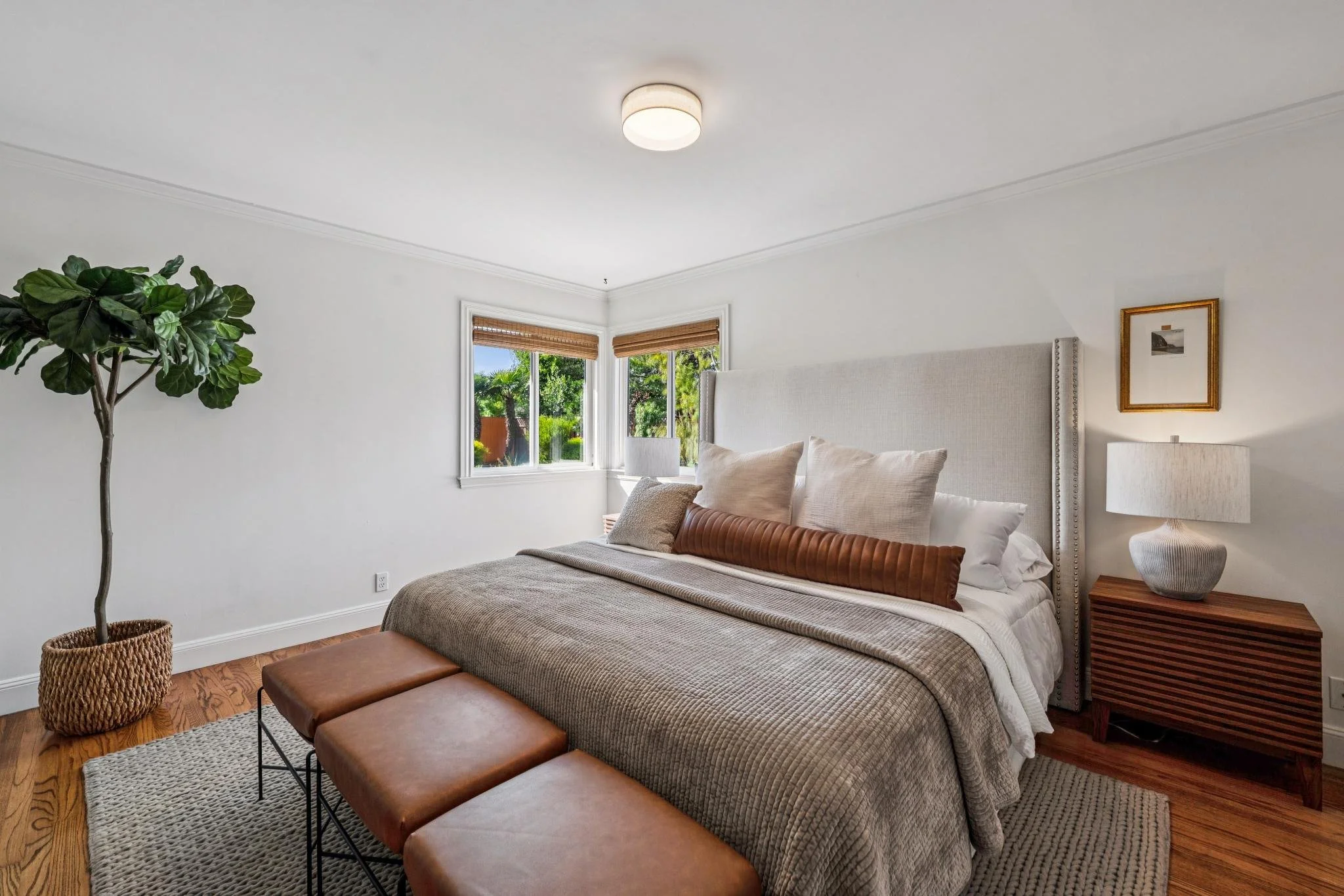 A bedroom with a bed featuring multiple pillows, a nightstand with a lamp, a large decorative plant, and a framed picture on the wall, with windows showing green foliage outside.