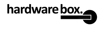 Text that reads 'hardware box.' with a black circle and horizontal line design.