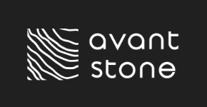 Avant Stone logo with black background and white stylized stone pattern.