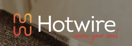 Hotwire logo with slogan 'warm your soul' on a background mixed with textured brown and beige colors.