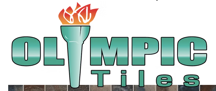 Logo for Olympic Tiles featuring a stylized torch with a flame, the word 'OLYMPIC' in large teal letters, and the word 'Tiles' underneath.