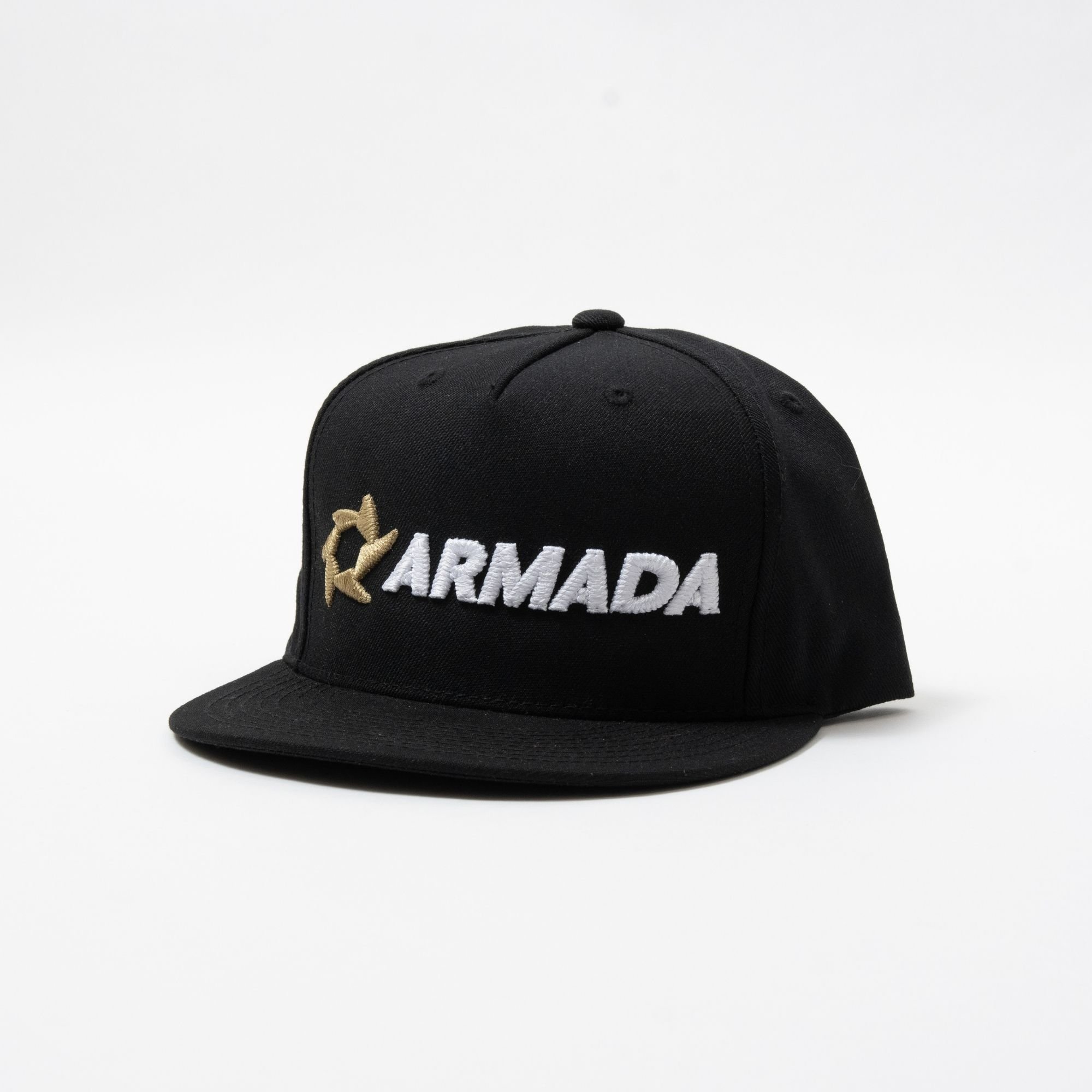 Black cap with 3D snake stitch embroidered gold and white Armada logo, on a white background.