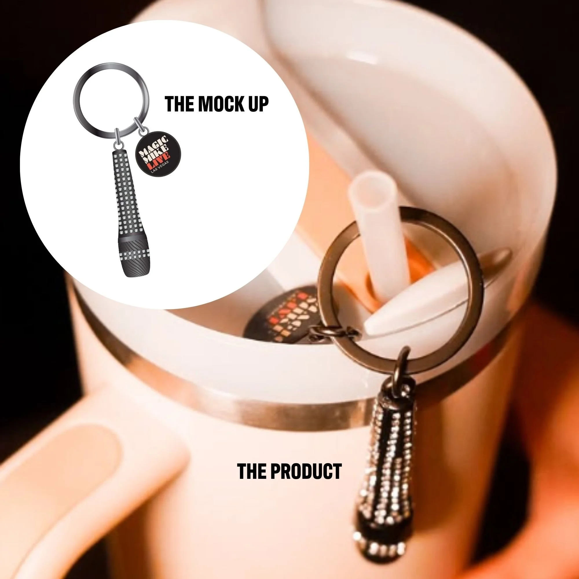 Close-up of a microphone keychain on a tumbler mug.