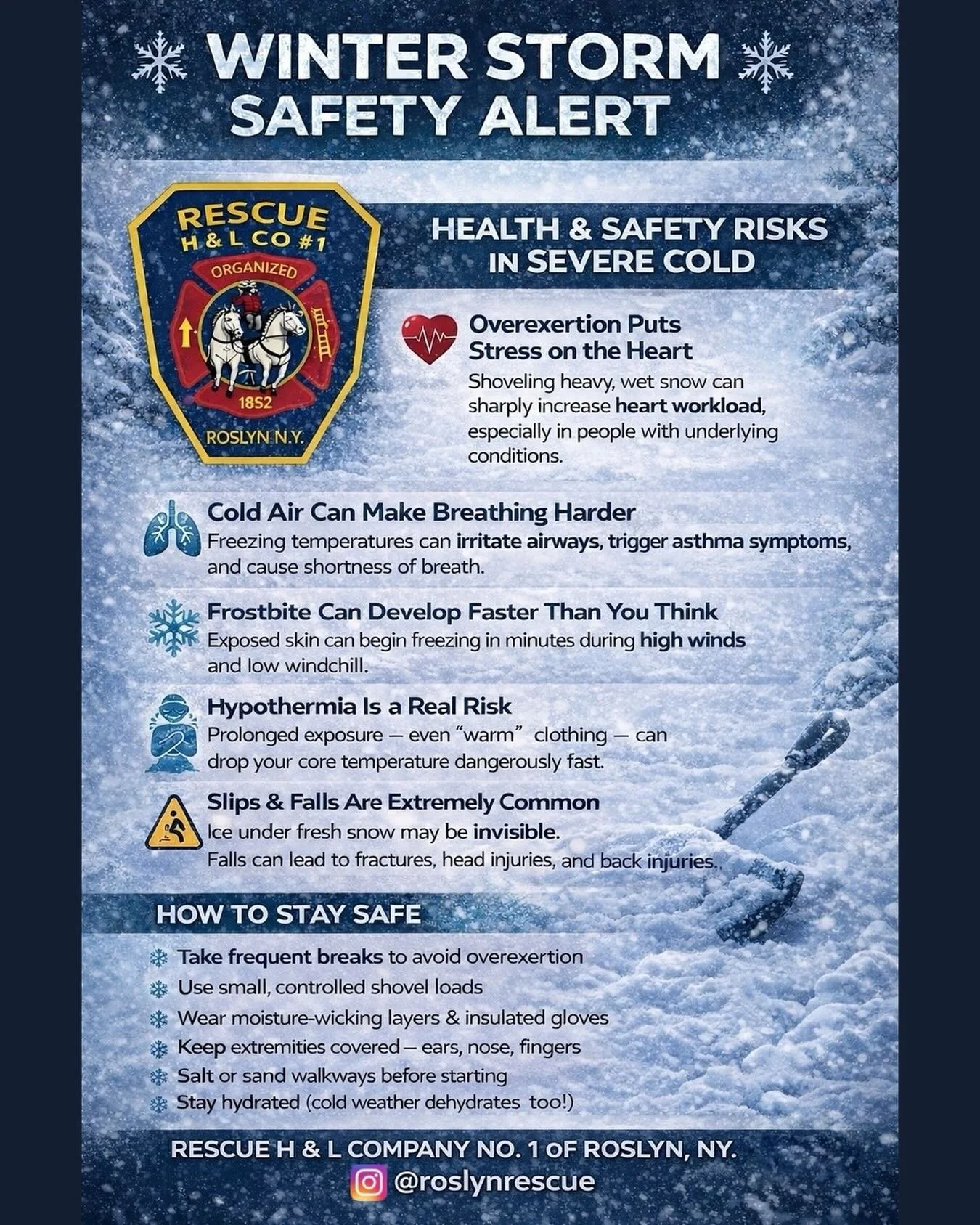 ❄️ Winter Storm Safety Reminder ❄️

As winter weather moves in, please remember to:
&bull; Stay off roads unless absolutely necessary
&bull; Keep space heaters at least 3 feet from anything that can burn
&bull; Never use generators or grills indoors
