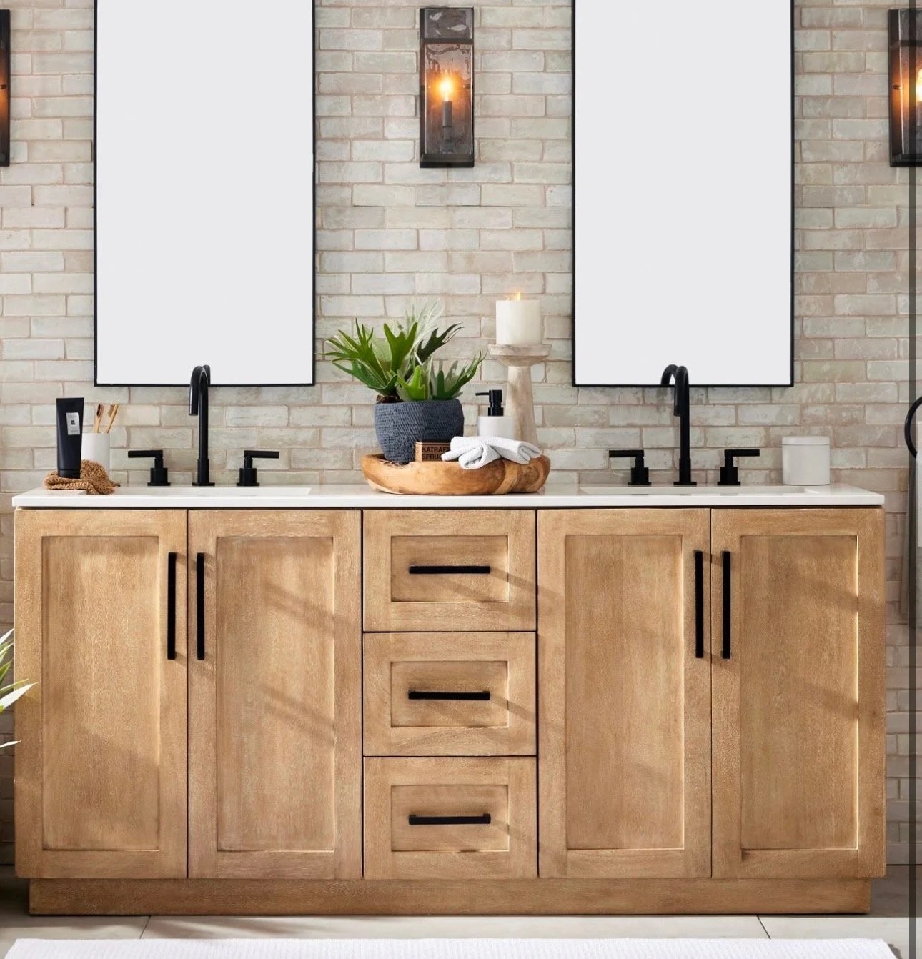 Custom bathroom cabinets for a his-and-her sink setup with tall mirrors and modern fixtures in Carmel California