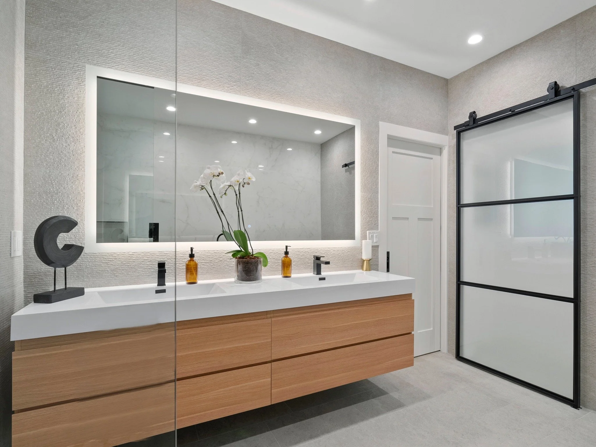 Custom Bathroom Cabinet in wood with a white ceramic side-by-side sink
