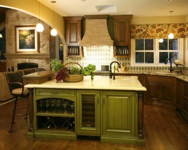 Vintage style kitchen center island custom designed and installed to fit the matching woodwork in Monterey California