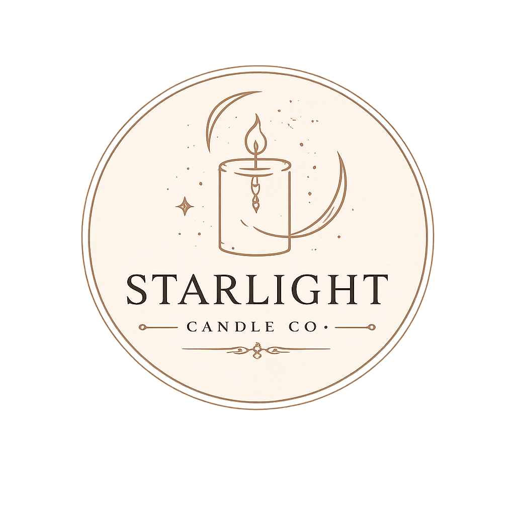Logo for Starlight Candle Co. featuring a candle with a flame, surrounded by a crescent moon and sparkles, on a circular background.