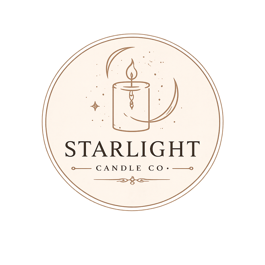 Logo for Starlight Candle Co featuring a candle with a flame surrounded by stars and a crescent moon, with the company name below.