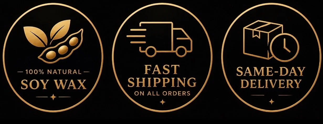 Icons with gold outlines against a black background. The first icon shows a sprig of soybeans with the text "100% Natural Soy Wax." The second icon depicts a moving truck with lines indicating speed and the text "Fast Shipping on All Orders." The third icon illustrates a package with a clock and the text "Same-Day Delivery."