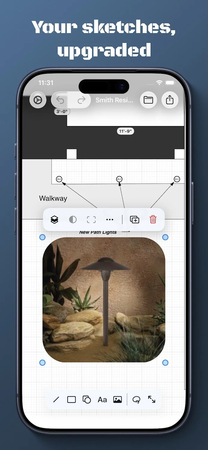 Smartphone screen displaying a landscaping design app with a photo of a garden pathway with outdoor lighting, plants, stones, and a textured wall, and the text 'Your sketches, upgraded' at the top.