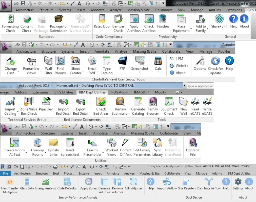 Screenshot of a software interface with multiple toolbars containing various icons and labels for architecture, structure, systems, insert, annotate, analyze, and other tools related to building design and analysis.