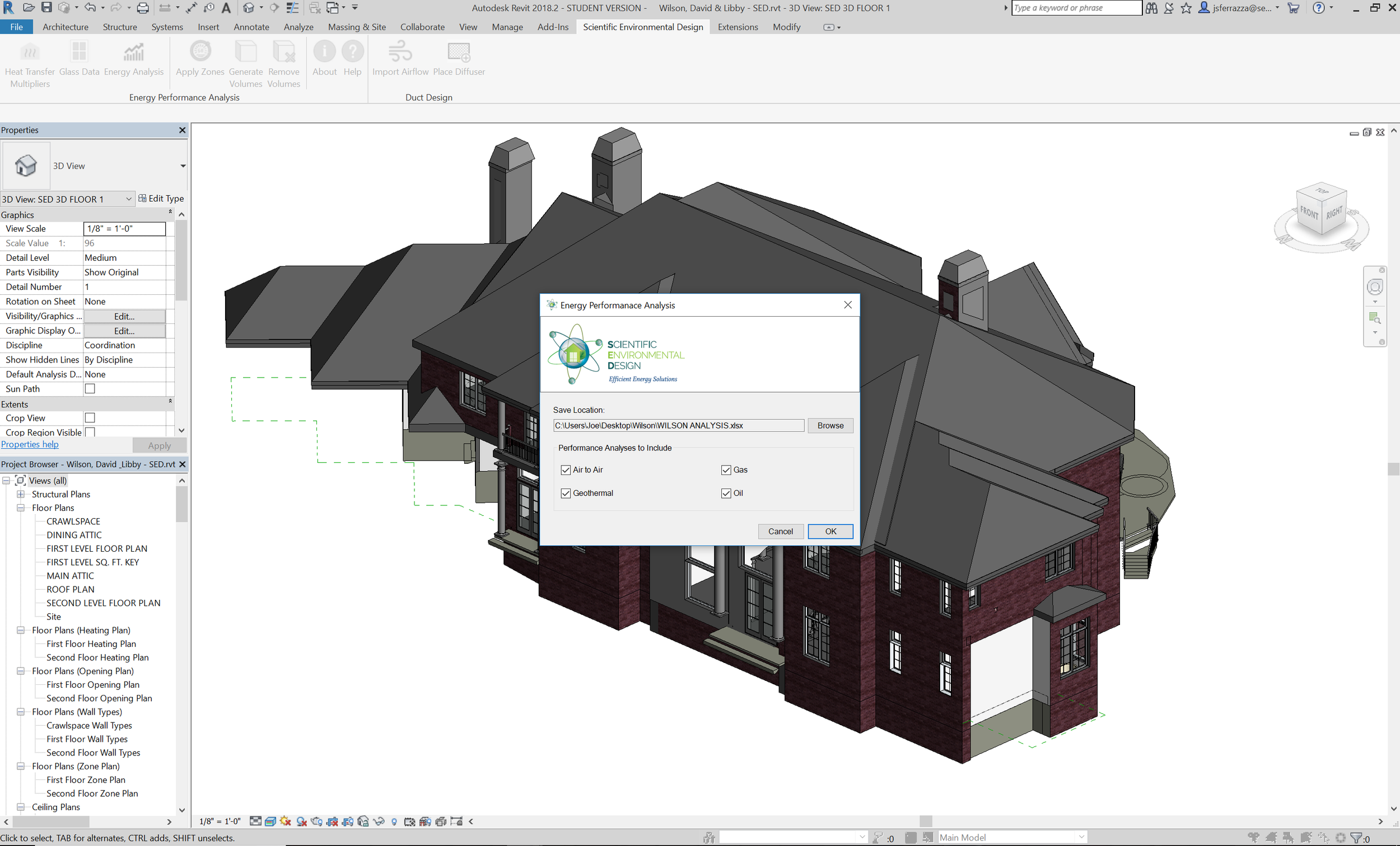 A 3D architectural model of a house created in a design software, with a pop-up window for energy performance analysis, displaying options for air to air, gas, geothermal, and oil energy sources.