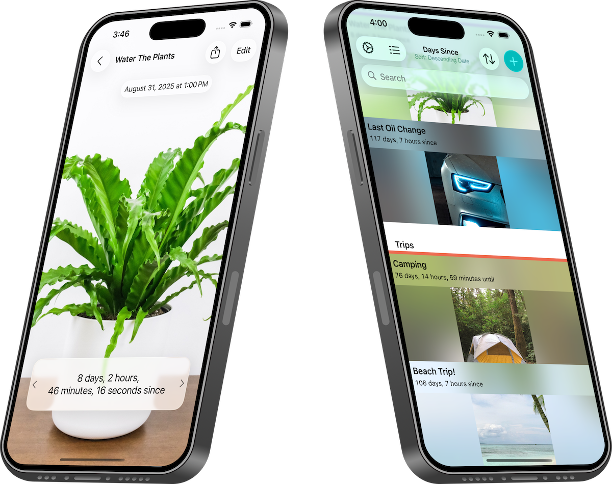 Two smartphones displaying apps: the left phone shows a plant watering schedule with a photo of a green potted plant, and the right phone shows a travel app with trip logs, including one for camping and beach trips, with photos of a tent and a beach scene.