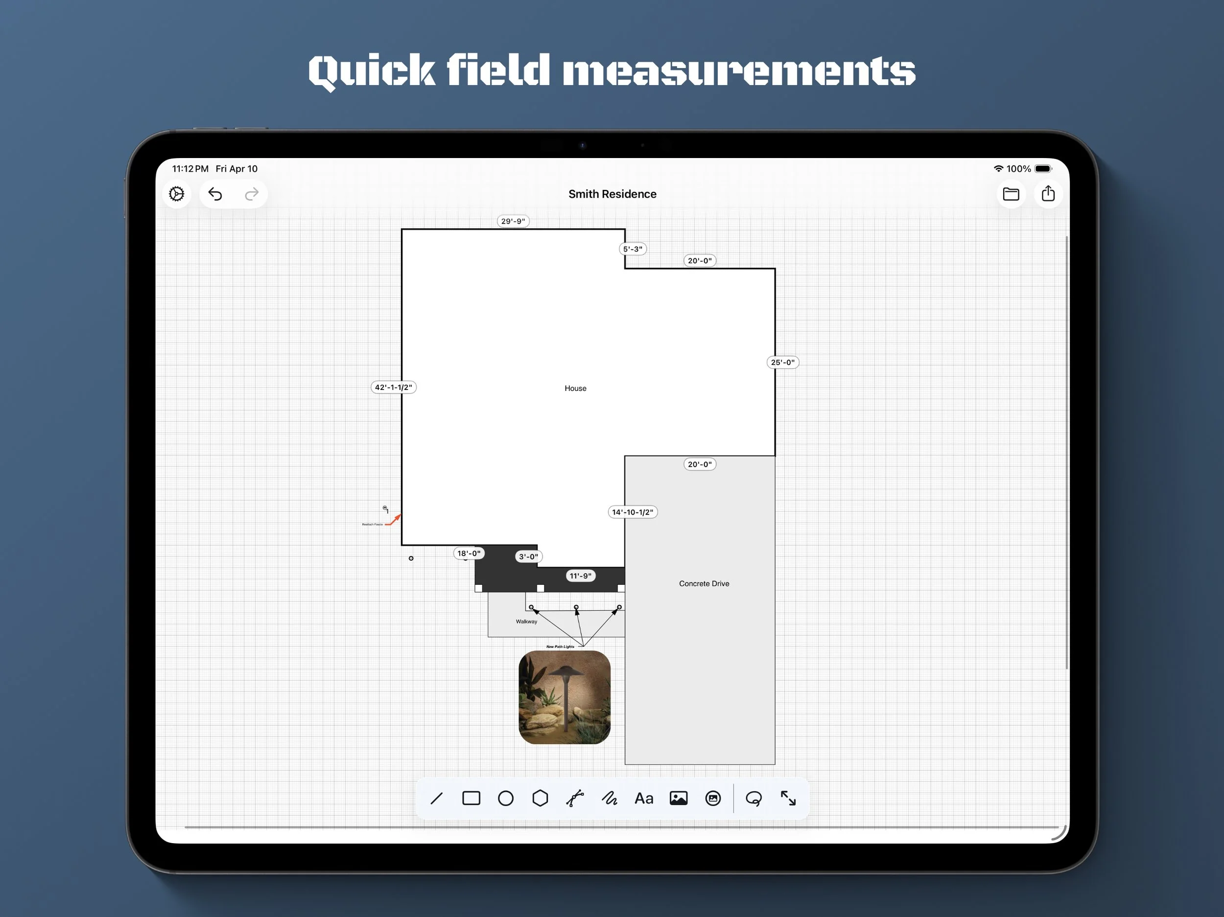 A tablet screen displaying a blueprint of a house floor plan, titled 'Smith Residence,' with room dimensions and layout. The background is a solid blue color.