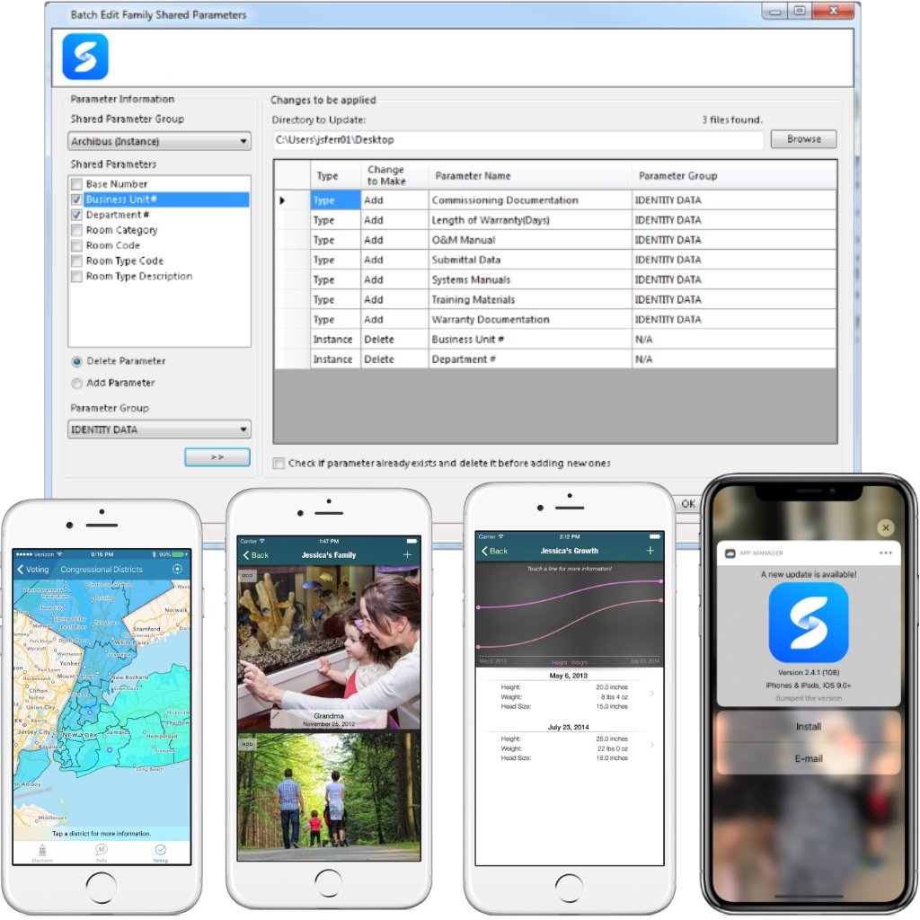 A computer screen displaying a software interface for editing shared parameters, and four smartphones showing different apps: a voting map of congressional districts, a family photo app, a growth tracking app, and an update notification for an app.