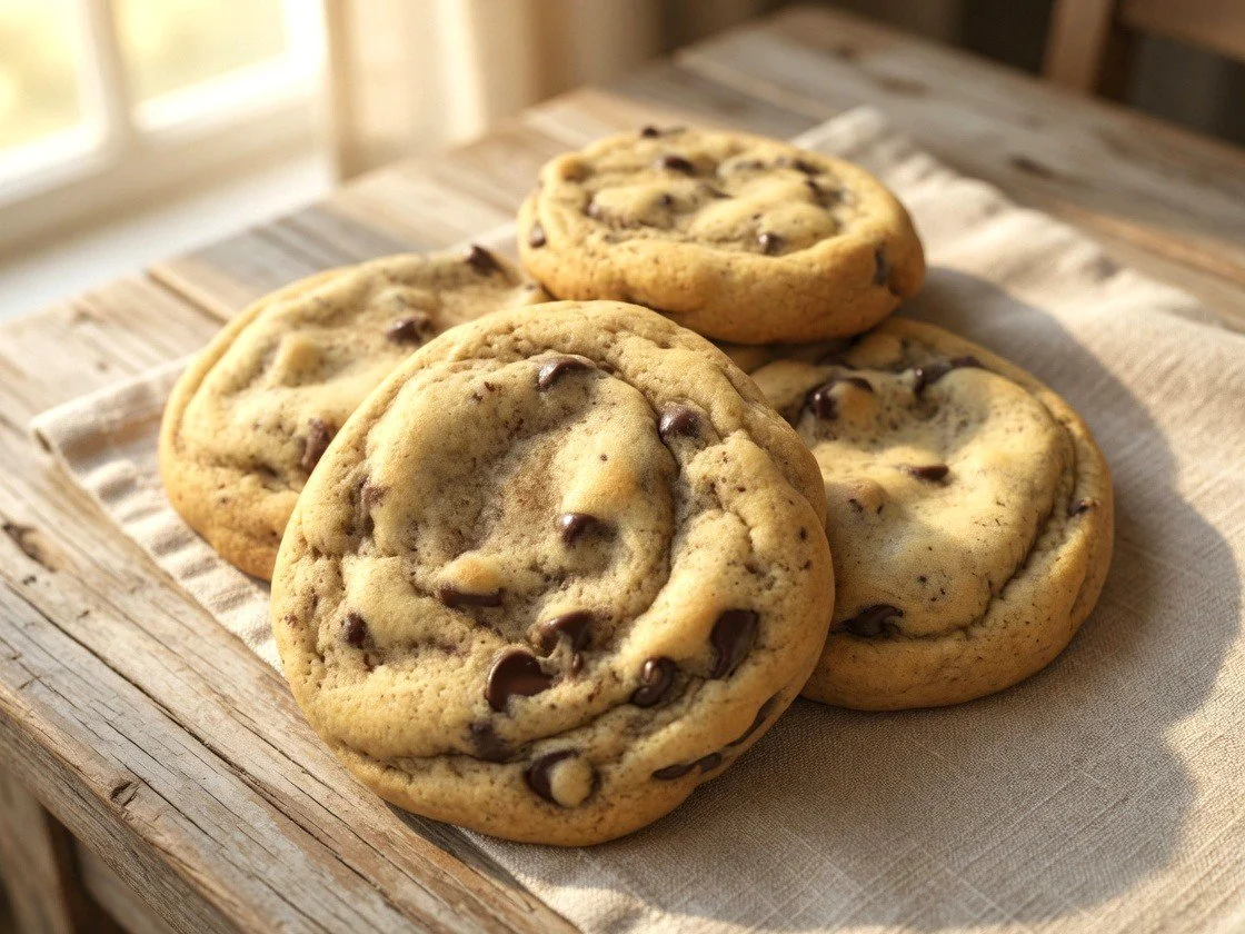Four chocolate chip cookies on a rustic wooden tray with a fabric underneath, illuminated by natural light from a nearby window.