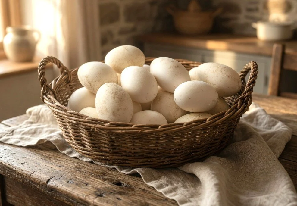 A basket of large white goose eggs on a rustic wooden table with a beige cloth, set in a cozy kitchen with warm lighting.