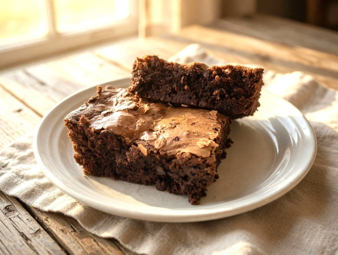Two chocolate brownies on a white plate, placed on a rustic wooden table near a window, with sunlight illuminating the scene.