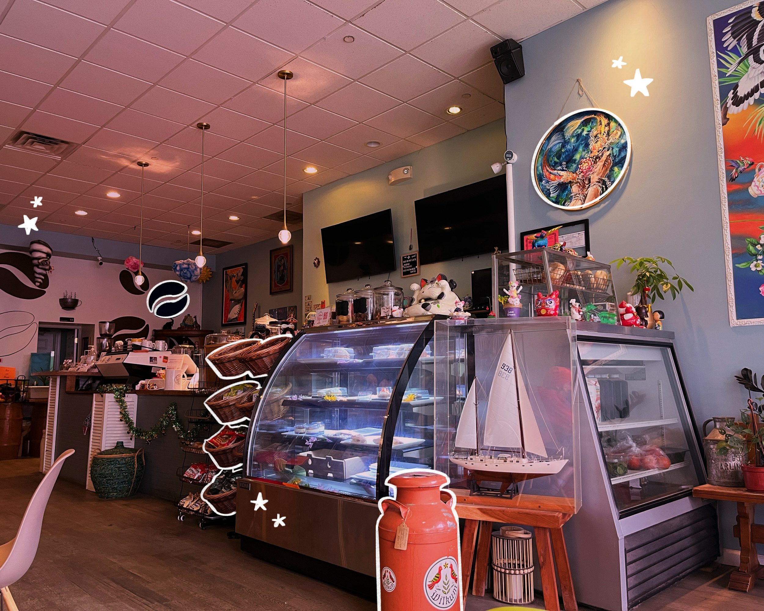 A photo of a cafe we visited, edited in the style we use throughout.