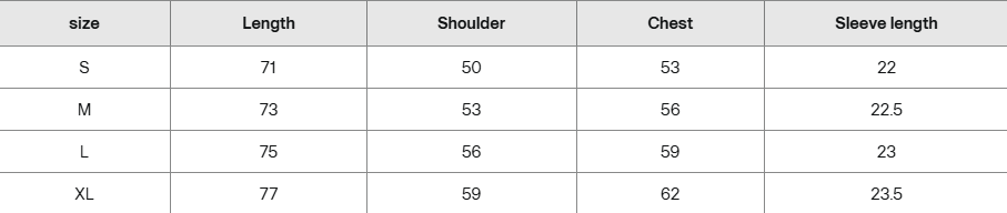 Size chart for clothing with measurements for small, medium, large, and extra large sizes.