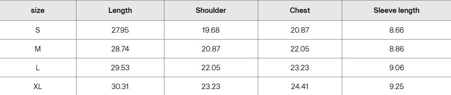 Size chart with measurements for small, medium, large, and extra-large clothing, including length, shoulder, chest, and sleeve length.