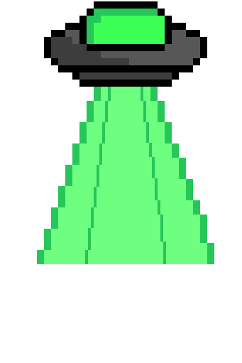 Pixel art depiction of a flying saucer UFO emitting a green beam of light.