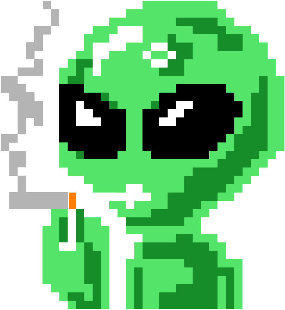 Pixel art image of a green alien with large black eyes holding a lit cigarette.