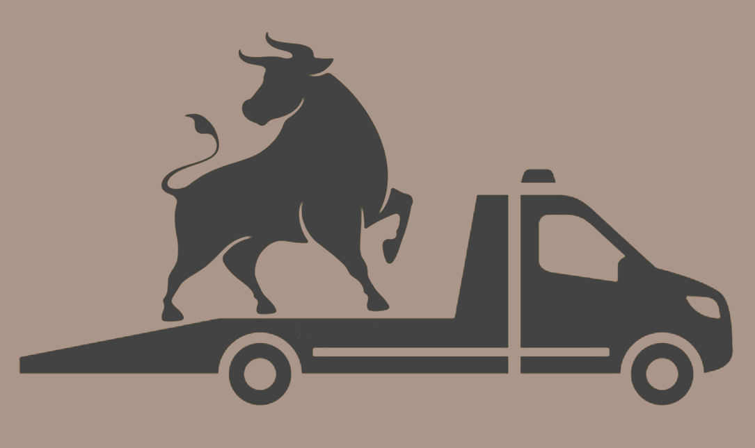 Silhouette of a pickup truck with a goat standing on the truck bed against a beige background.