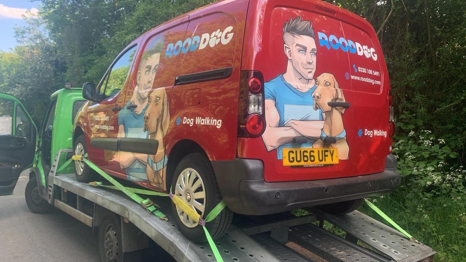 A red delivery van with large graphic artwork featuring a man with styled hair and a dog. The van has branding for 'Rood Dog' with contact details, website, and services like dog walking. The van is secured on a flatbed truck with straps, in an outdo