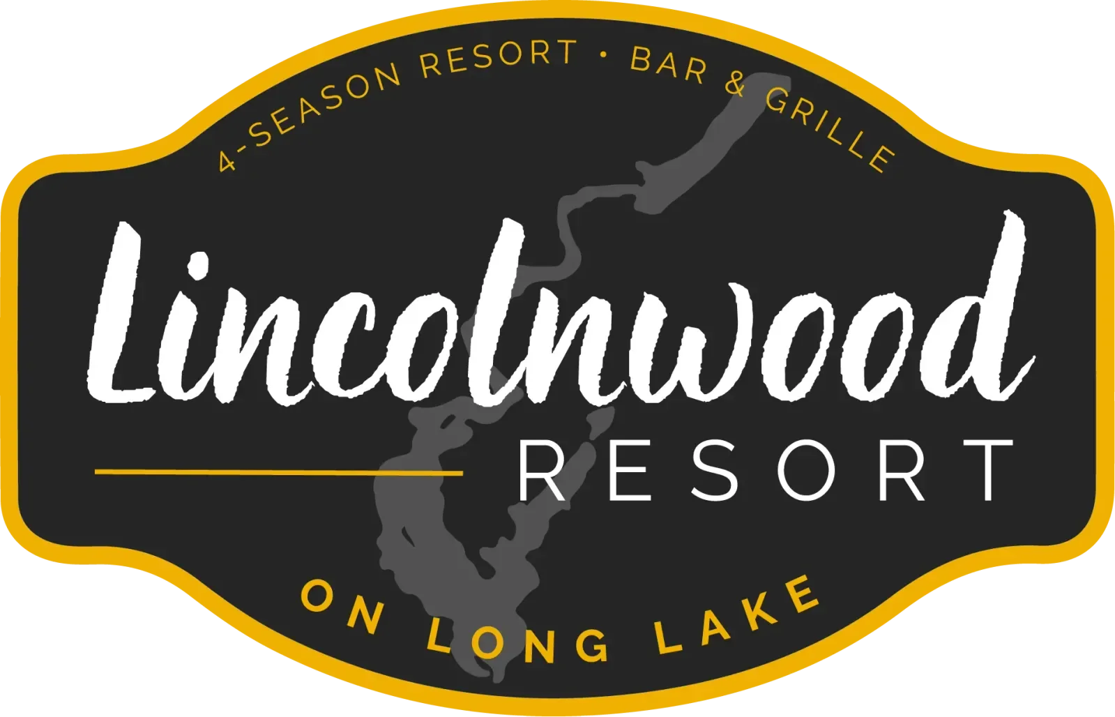 Lindclood Resort logo with black background, yellow border, and white and yellow text. The logo features a gray outline of Long Lake with the resort's name overlaying it. It also mentions 4-season resort, bar & grille, and location on Long Lake.