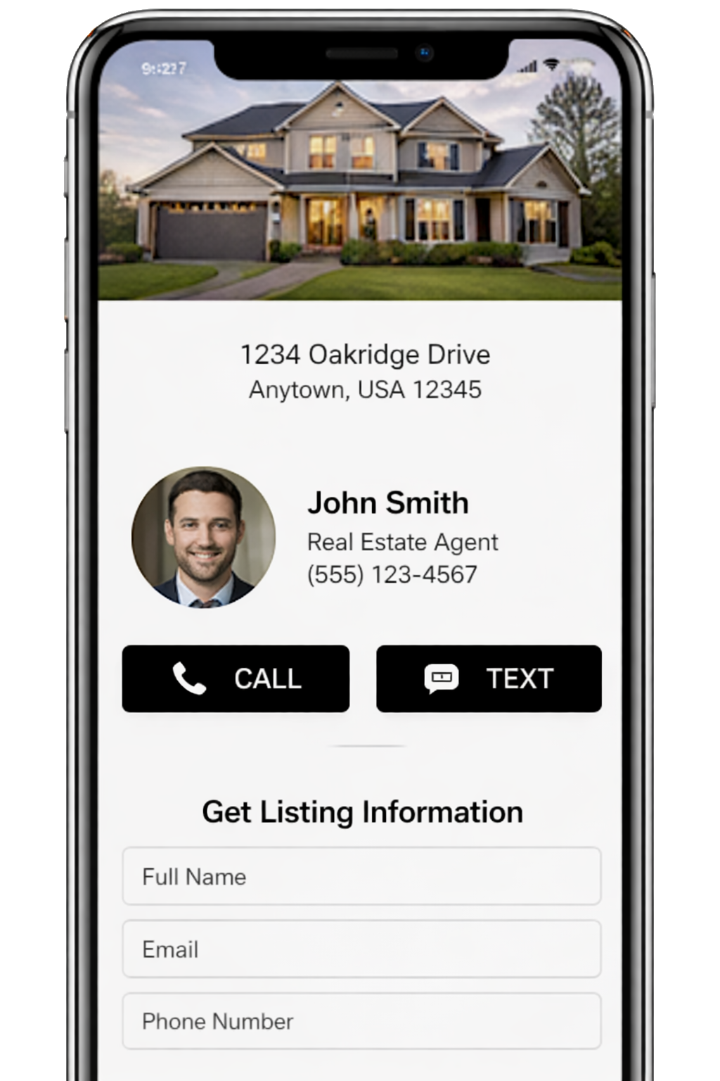 Repboom mobile landing page for a listing where buyers enter their contact information to instantly receive property details.