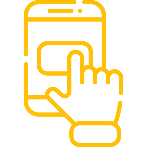 Outline of a smartphone with a hand touching the screen, in yellow on a black background.